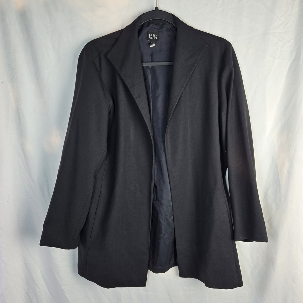 Eileen Fisher Wool Open Front Blazer Black Womens Medium Capsule Wardrobe Office